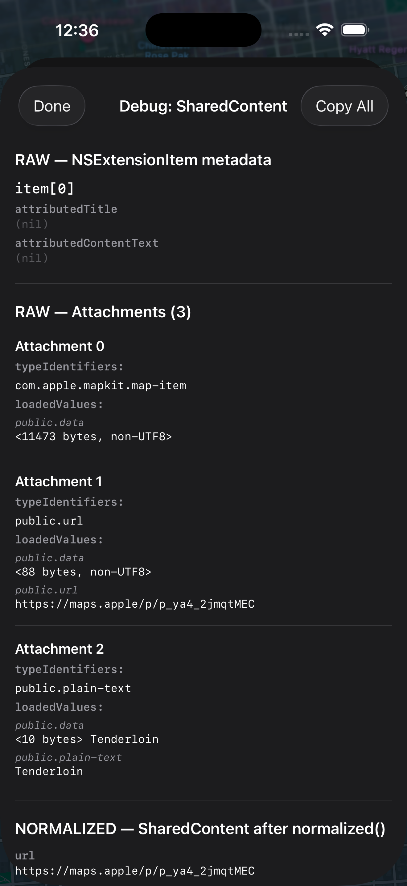 AppendX debug view dumping the raw share-sheet payload for a location shared from Maps