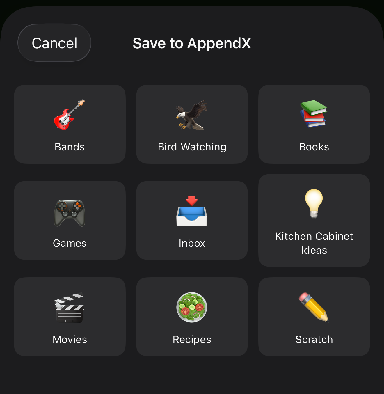 A screenshot of the AppendX share sheet