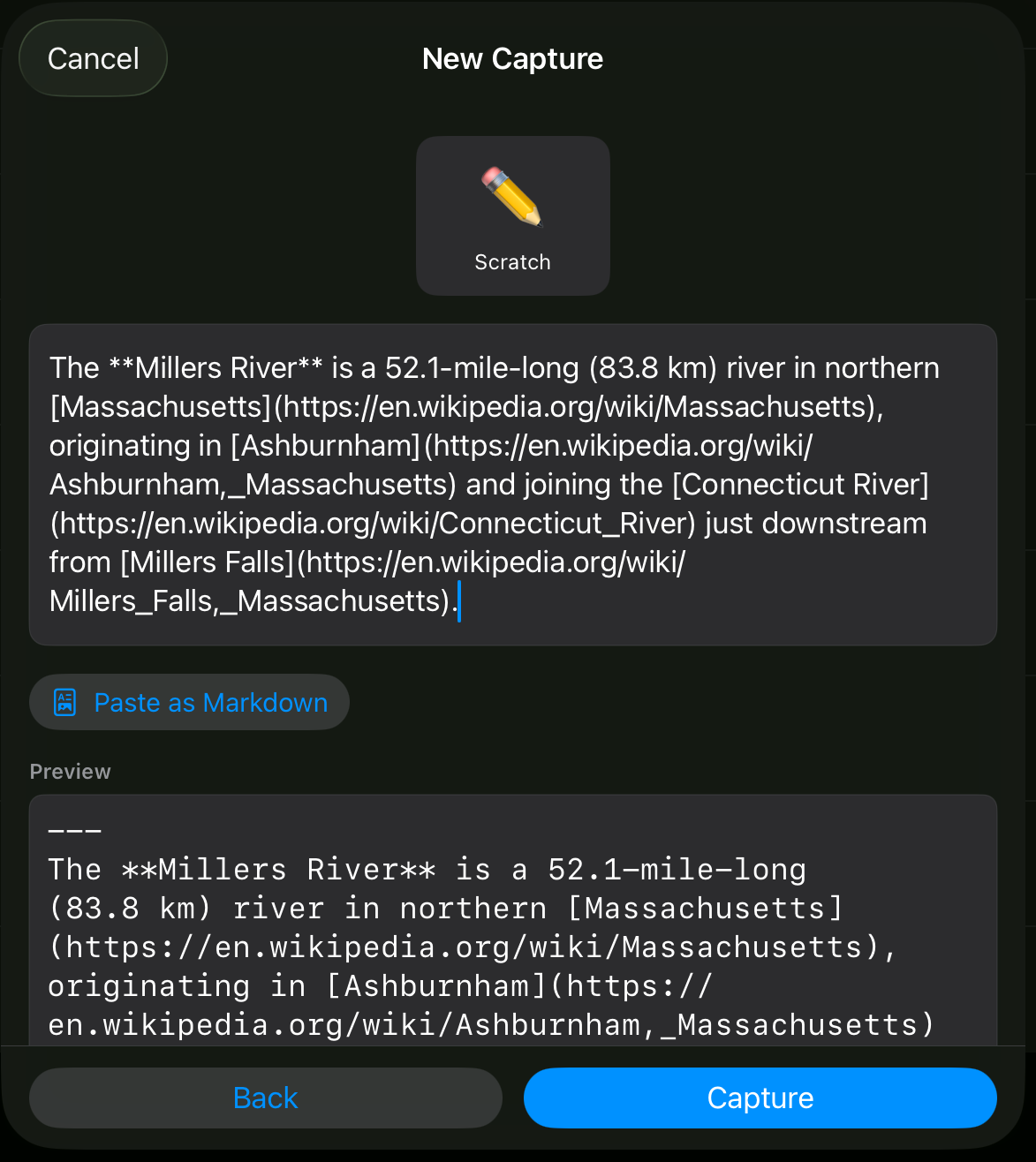 A screenshot of the AppendX input view with pasted markdown