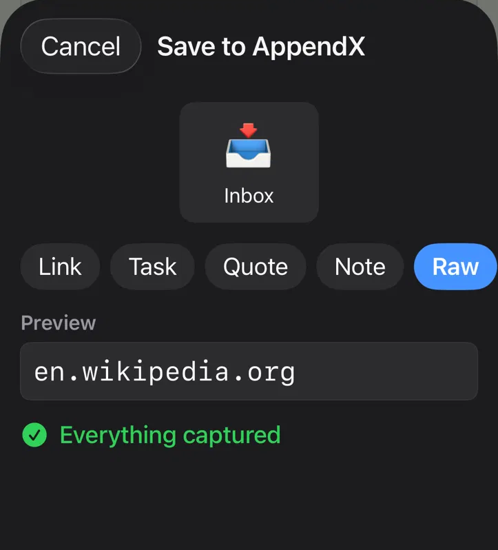 A screenshot of the AppendX share sheet