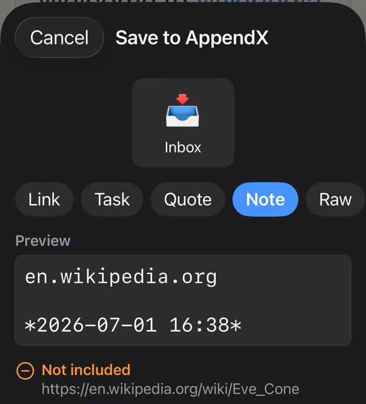 A screenshot of the AppendX share sheet