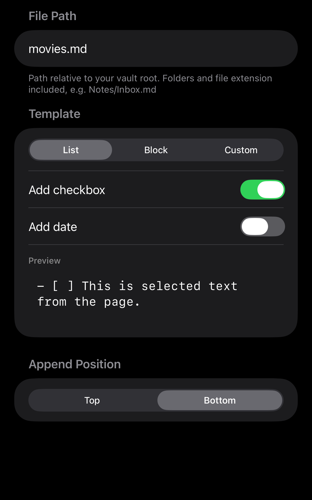 A screenshot of the AppendX configuration UI