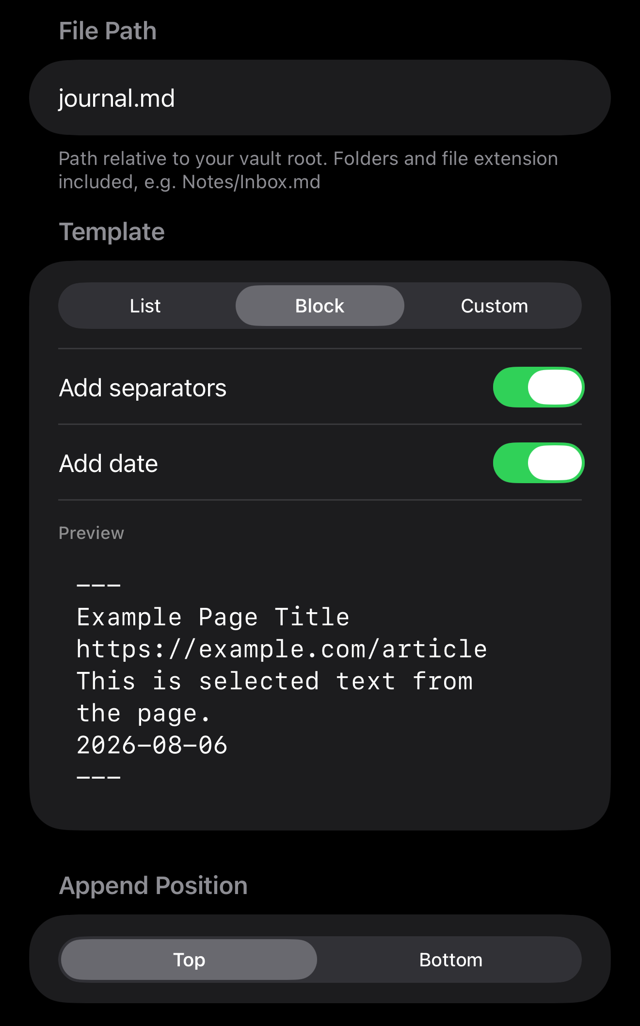 A screenshot of the AppendX configuration UI