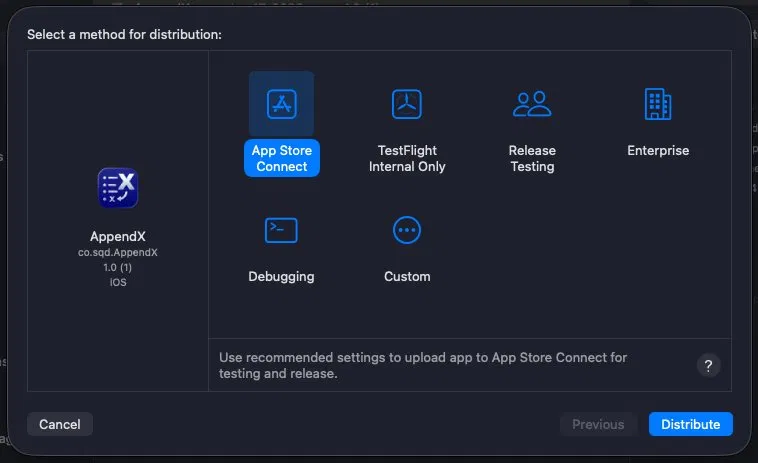 A screenshot of the AppendX project in Xcode