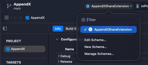 A screenshot of the AppendX project in Xcode